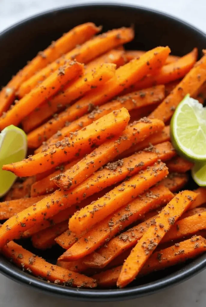 Spicy cajun air fryer recipes sweet potato fries with a vibrant red-orange color served with fresh lime wedges in a black bowl.