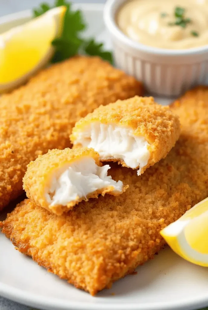 Golden-brown crispy fish fillets made using air fryer recipes for fish, served with lemon wedges and tartar sauce showing perfect flaky texture
