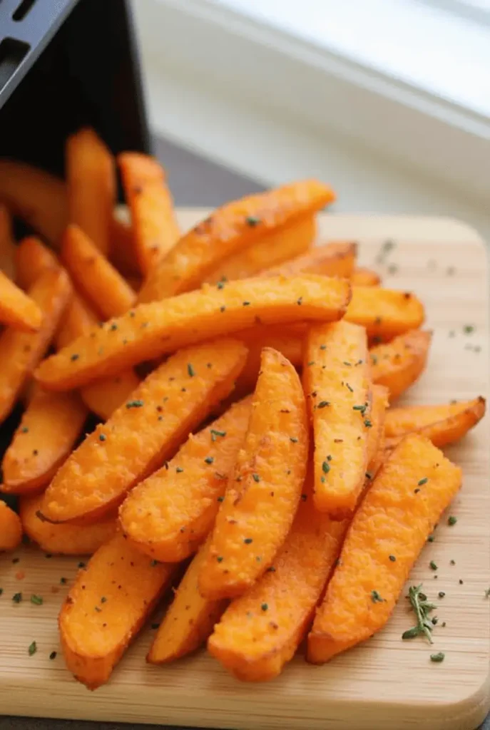 Crispy golden sweet potato air fryer recipes: perfect French fries with herbs served in an air fryer basket