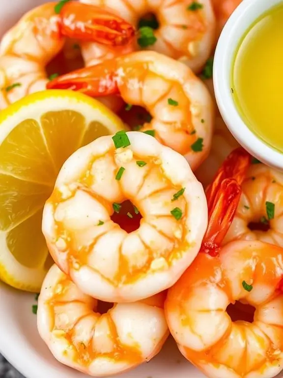 Juicy garlic butter shrimp made using air fryer recipes for shrimp, garnished with fresh parsley and served with lemon wedges on a white plate.