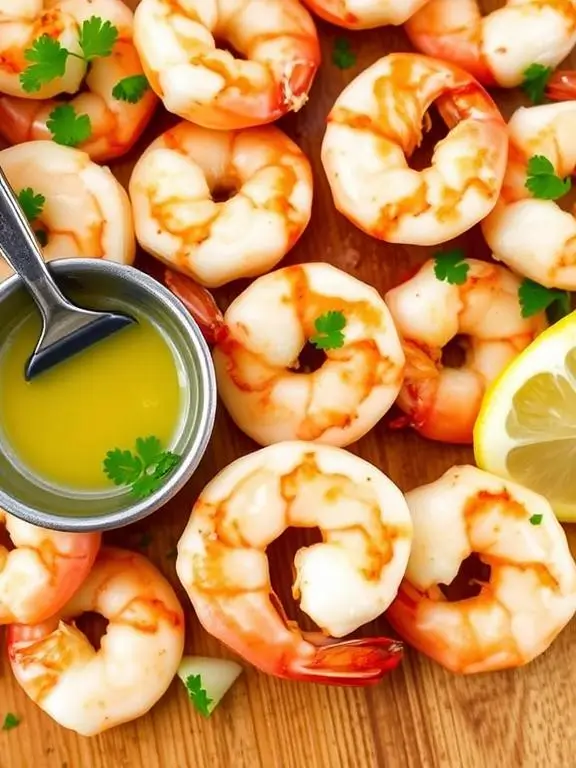 Juicy garlic butter shrimp air fryer recipe with lemon wedges and fresh parsley on a wooden board.
