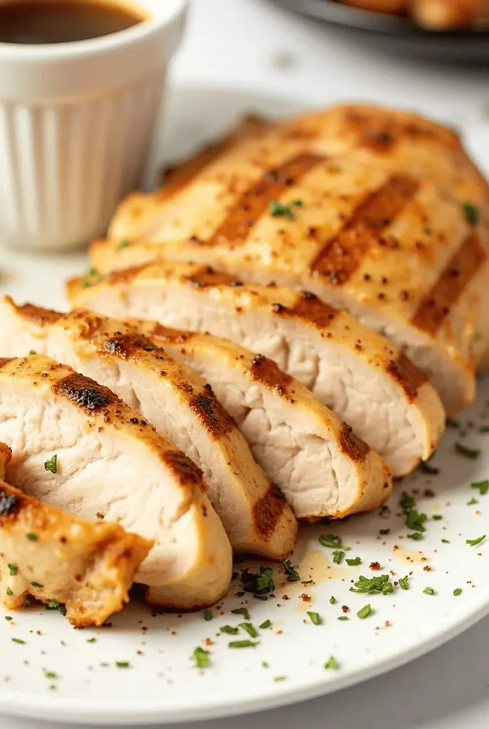 Perfectly cooked juicy chicken breasts air fryer recipes with herbs and spices
