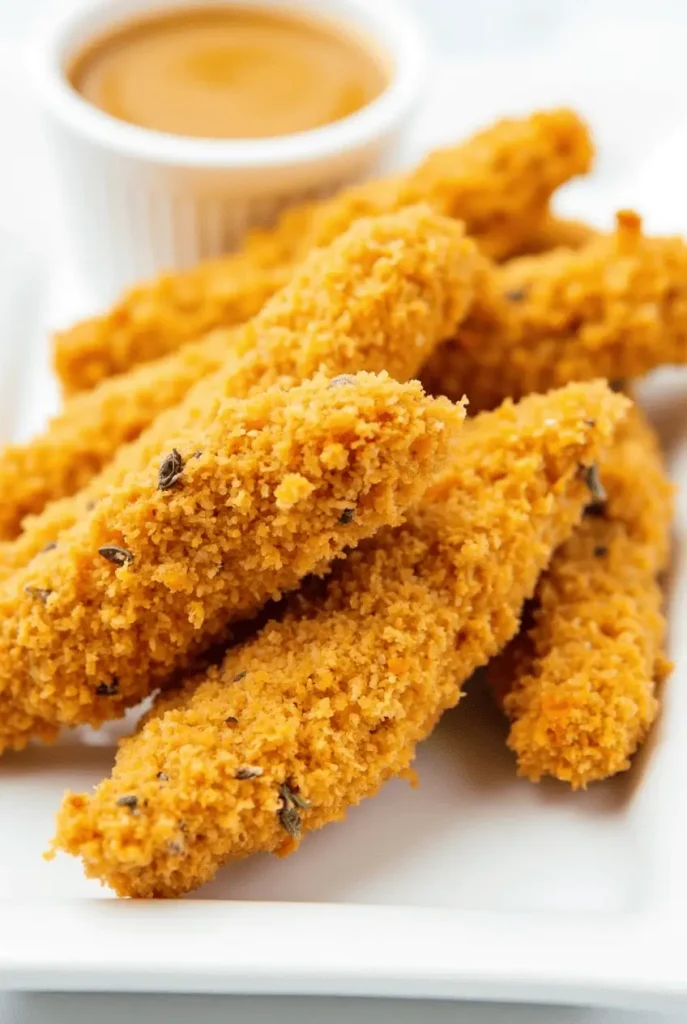 Golden-brown, crispy panko-crusted chicken tender air fryer recipes stacked on a white plate with a side of honey mustard dipping sauce