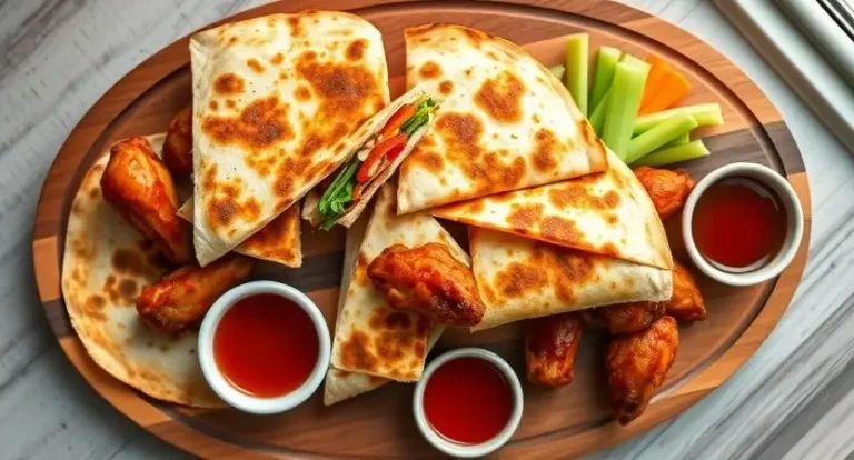 Assortment of crispy air fryer recipes wings including buffalo, garlic parmesan, and honey BBQ varieties served on a wooden board with various dipping sauces and fresh vegetables.