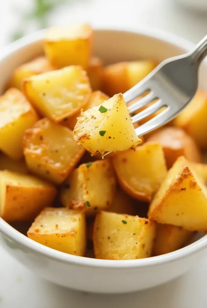 Crispy seasoned breakfast potatoes made using ninja air fryer recipes, showing golden exterior and fluffy center.