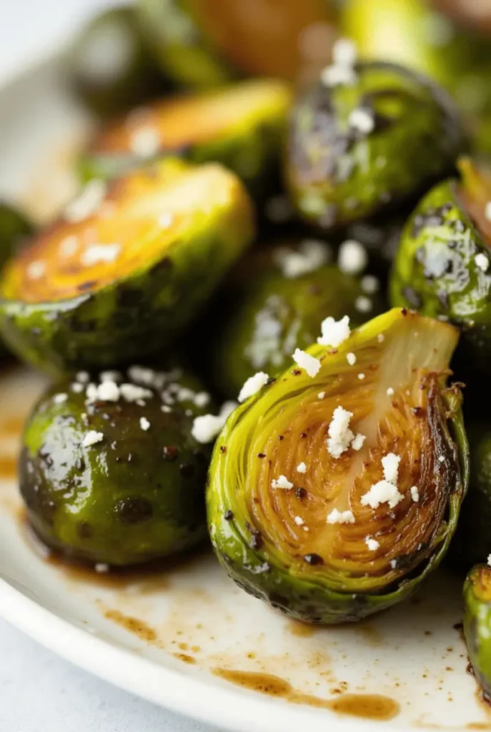 Crispy caramelized Brussels sprouts with balsamic glaze from our collection of air fryer recipes for vegetables