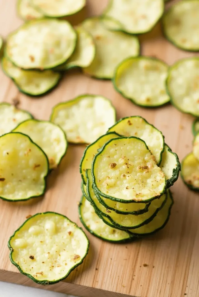 Thin, crispy air fryer recipes zucchini chips seasoned with herbs and spices showing perfect golden edges and crunchy texture