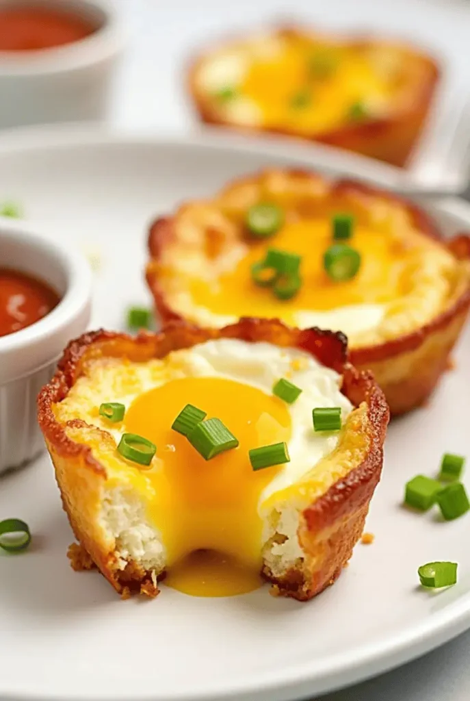 Golden-brown ketogenic air fryer recipes featuring bacon egg cups with melted cheese and fresh scallions, showing the creamy egg center.