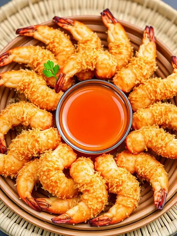 Crispy coconut-crusted shrimp made with air fryer recipes for shrimp, perfectly golden and served with sweet chili dipping sauce on a bamboo plate.