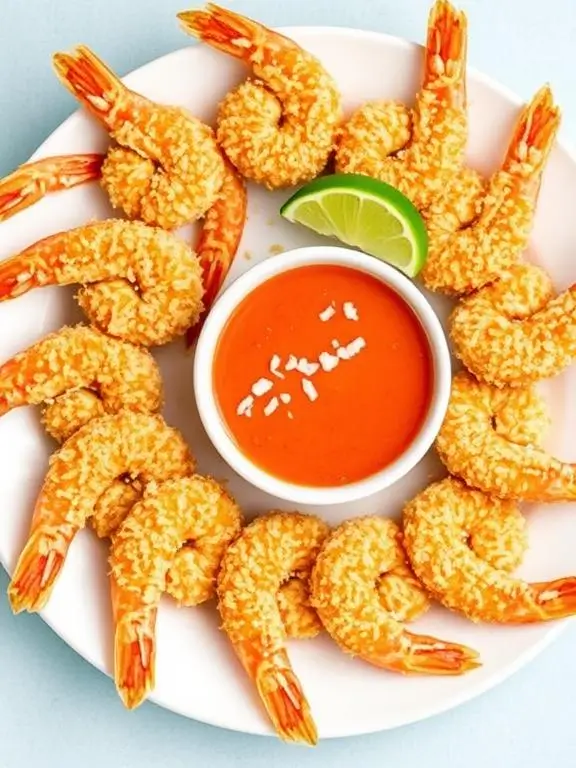 Crispy golden coconut shrimp air fryer recipe served with sweet chili dipping sauce and lime wedges.
