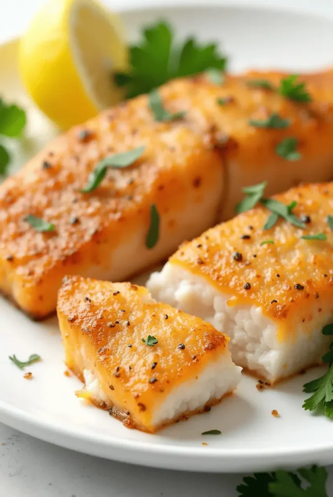 Golden-brown crispy air fryer recipes fish fillets with herbs, spices, and lemon wedges showing flaky interior texture