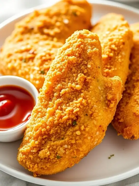 Golden-brown crispy parmesan garlic air fryer recipes chicken tenders arranged on a white plate with marinara dipping sauce, showcasing their crunchy herb-flecked exterior and juicy interior.