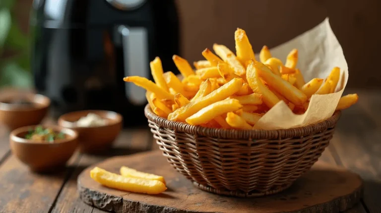 Crispy, golden air fryer recipes french fries arranged in a rustic basket with an air fryer and seasonings in the background.