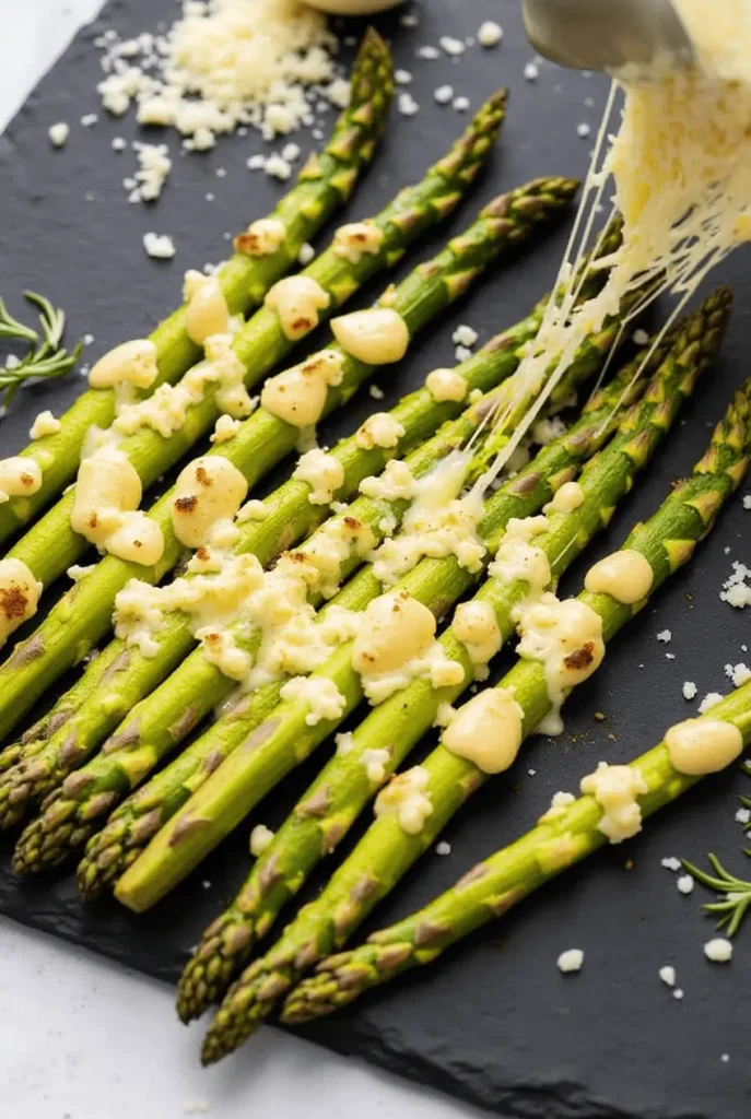 Cheesy garlic-crusted asparagus made using asparagus air fryer recipes with golden Parmesan coating and visible herb flecks throughout.