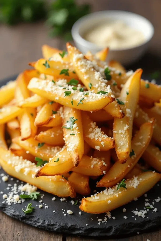 Savory air fryer recipes french fries coated with melting parmesan cheese, fresh garlic, and green parsley.