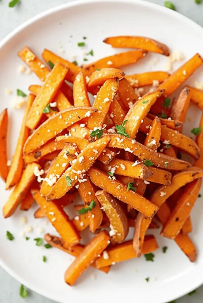Garlic parmesan air fryer recipes sweet potato fries topped with melted cheese, crispy parmesan bits, and fresh parsley on a white plate.