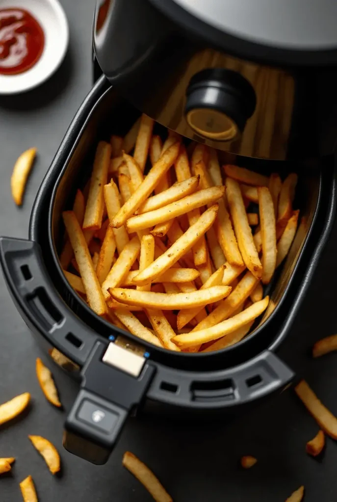 Crispy, golden french fries with minimal oil made using Chefman air fryer recipes, showcasing perfect texture and even cooking.