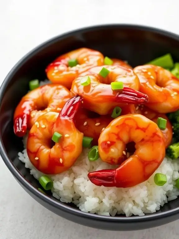 Sticky-sweet honey garlic shrimp air fryer recipe served over rice with sesame seeds and green onions.
