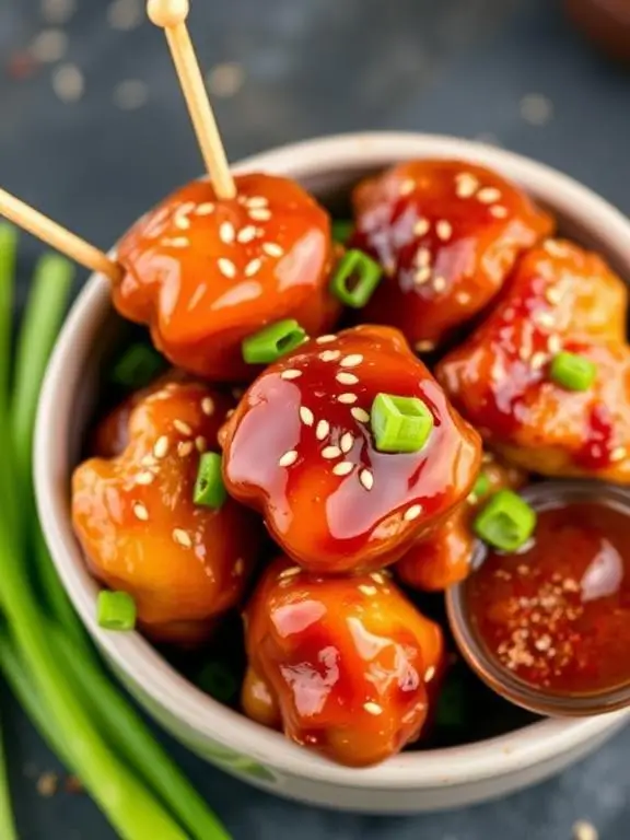 Glossy, caramelized honey sriracha air fryer recipes chicken bites garnished with sesame seeds and green onions in a bowl, with some pieces skewered and extra sauce on the side.