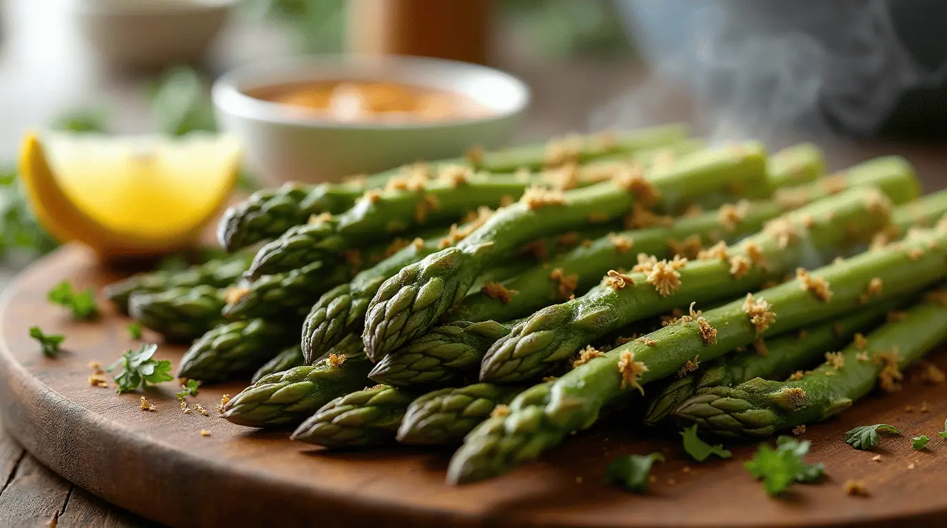 Crispy air-fried asparagus spears showcasing delicious asparagus air fryer recipes with golden tips and vibrant green stalks arranged on a wooden serving board.