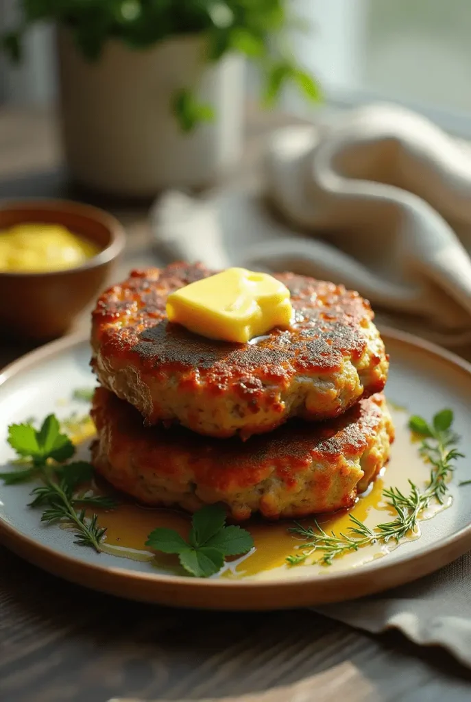 Perfectly browned homemade ketogenic air fryer recipes showing stacked sausage patties with melting butter and fresh herbs.