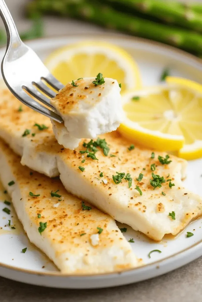 Flaky lemon garlic tilapia prepared using air fryer recipes for fish, showing perfect golden exterior and moist interior with lemon slices and herb garnish