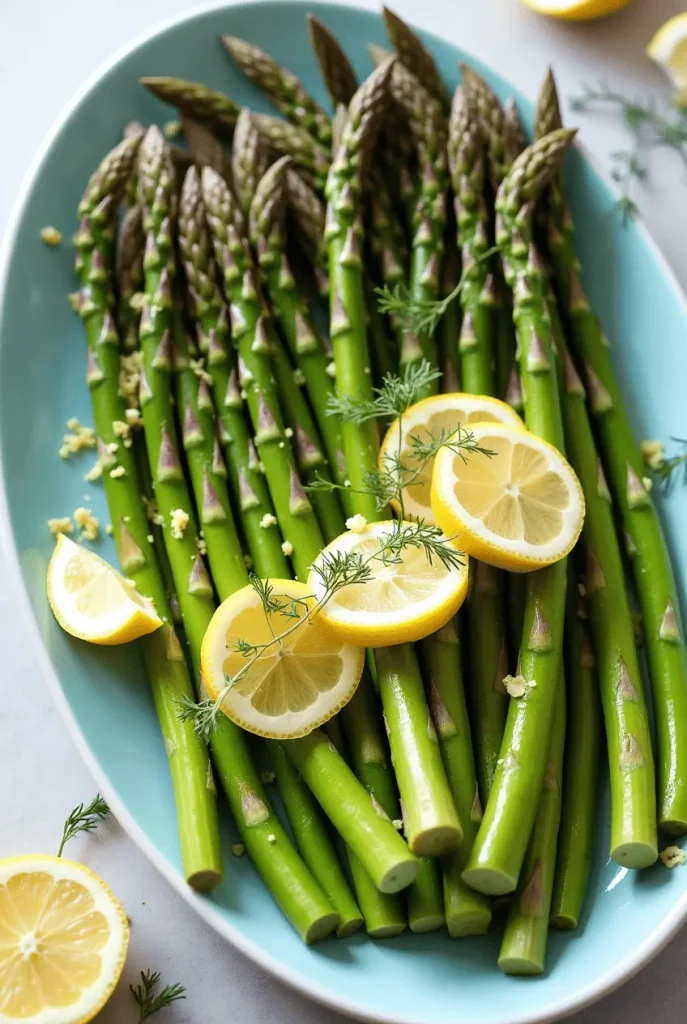Herb-coated asparagus prepared using asparagus air fryer recipes, garnished with fresh lemon zest and herbs on a blue serving platter.
