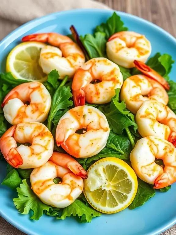 Bright and zesty lemon pepper shrimp prepared using air fryer recipes for shrimp, served on fresh greens with lemon slices and zest.