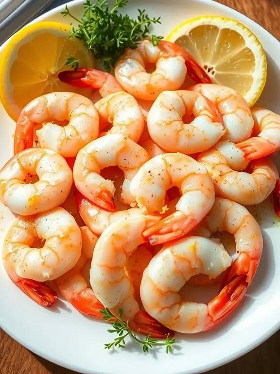 Fresh lemon pepper shrimp air fryer recipe garnished with lemon slices and herbs on a white plate.
