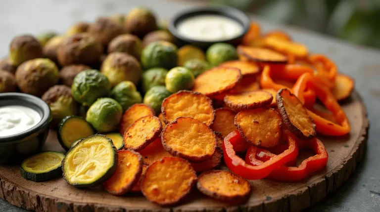 Colorful assortment of perfectly crispy air fryer recipes for vegetables arranged on a wooden serving board with dipping sauces
