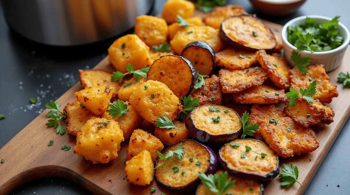 Collection of delicious eggplant air fryer recipes showcasing various preparation styles including rounds, fries, and glazed pieces arranged on a wooden serving board.