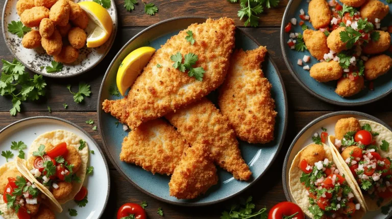 Delicious variety of air fryer recipes for fish including crispy fillets, coconut-crusted nuggets, and fish tacos arranged on wooden table with fresh garnishes