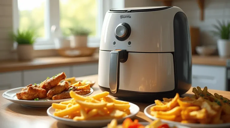 A modern Gourmia air fryer surrounded by a variety of perfectly cooked crispy foods including golden chicken wings, french fries, and colorful vegetables, showcasing the versatility of the Gourmia air fryer for healthy cooking.