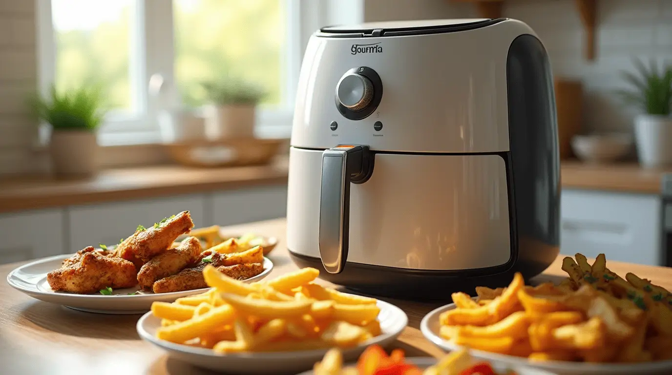 A modern Gourmia air fryer surrounded by a variety of perfectly cooked crispy foods including golden chicken wings, french fries, and colorful vegetables, showcasing the versatility of the Gourmia air fryer for healthy cooking.
