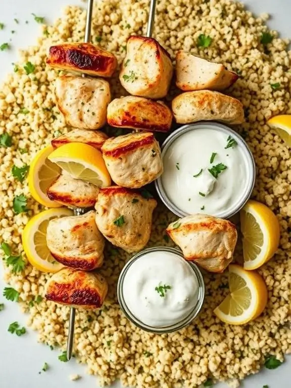 Mediterranean air fryer recipes chicken skewers with herb seasoning served over couscous with lemon wedges and tzatziki sauce, showing perfectly cooked chicken with light char marks.