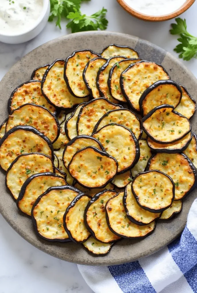 Ultra-thin, crispy Mediterranean eggplant chips with herbs from popular eggplant air fryer recipes arranged artfully on a stone plate with tzatziki.