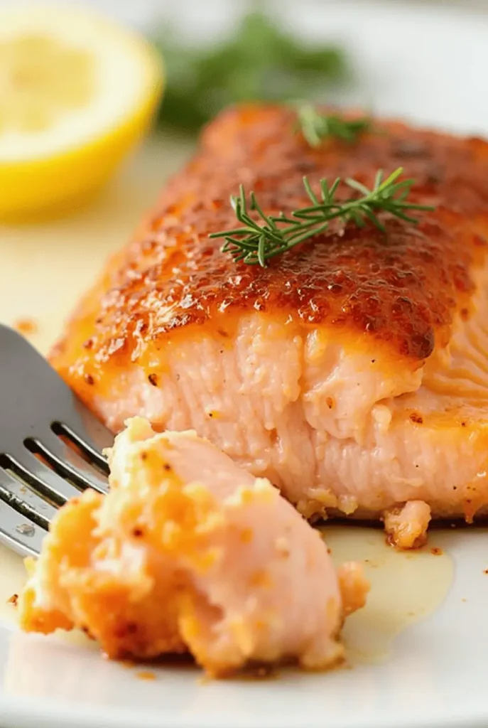 Flaky, perfectly cooked salmon with caramelized glaze prepared using Chefman air fryer recipes, showing the moist interior and golden exterior.