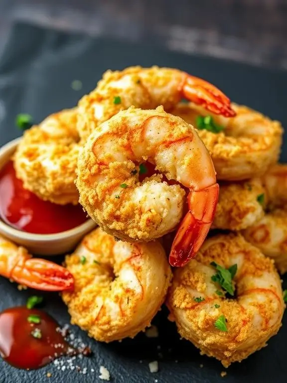 Parmesan and herb-crusted shrimp prepared using air fryer recipes for shrimp, served on slate with marinara dipping sauce and fresh herb garnish.