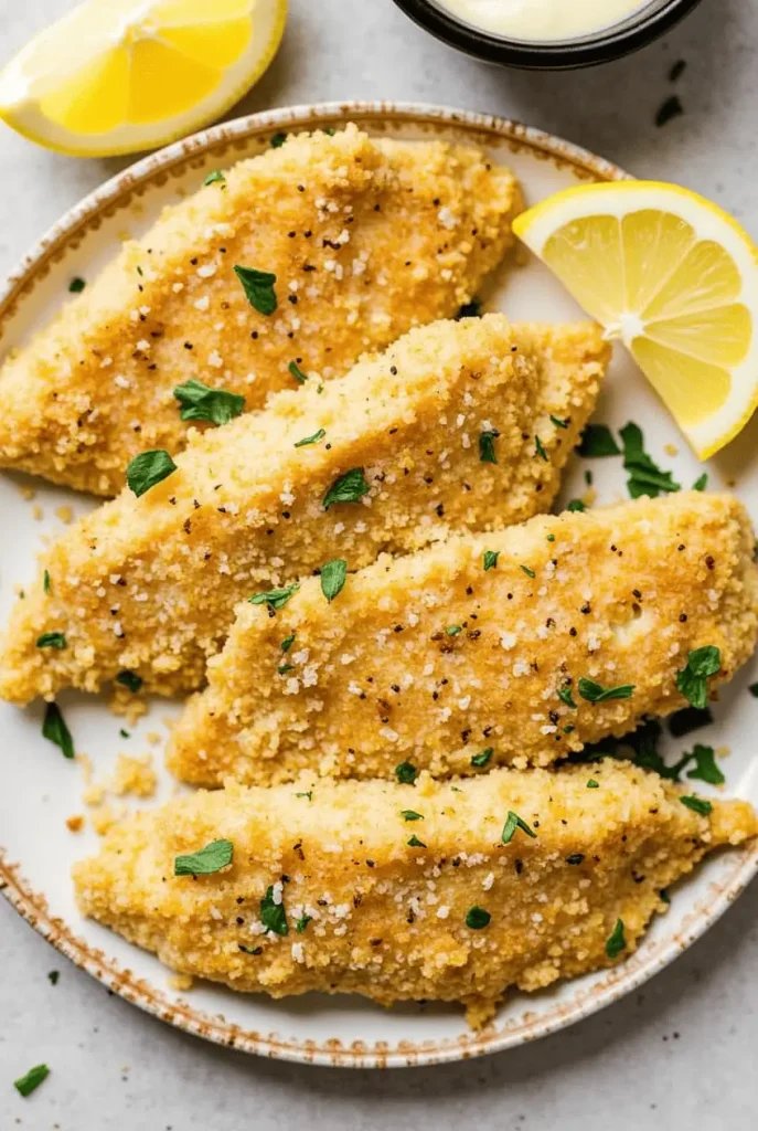 Parmesan crusted air fryer recipes fish with golden cheese crust, fresh herbs, and lemon wedges on white plate
