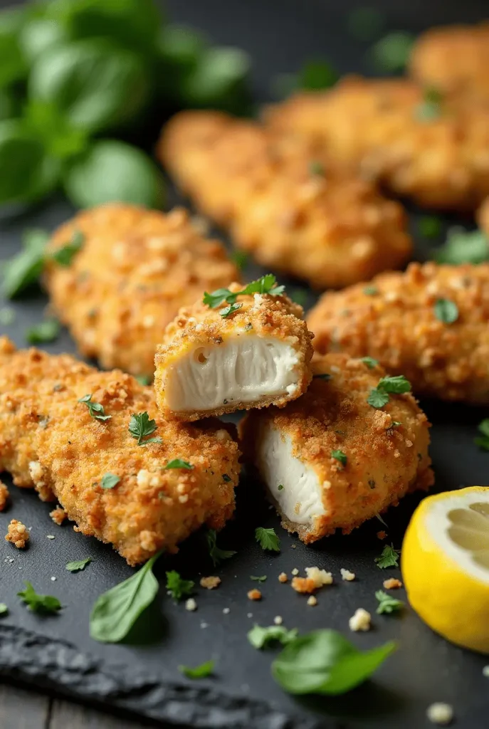 Herb and Parmesan-crusted chicken tender air fryer recipes displayed on a dark slate surface with fresh herbs and lemon wedges for garnish.