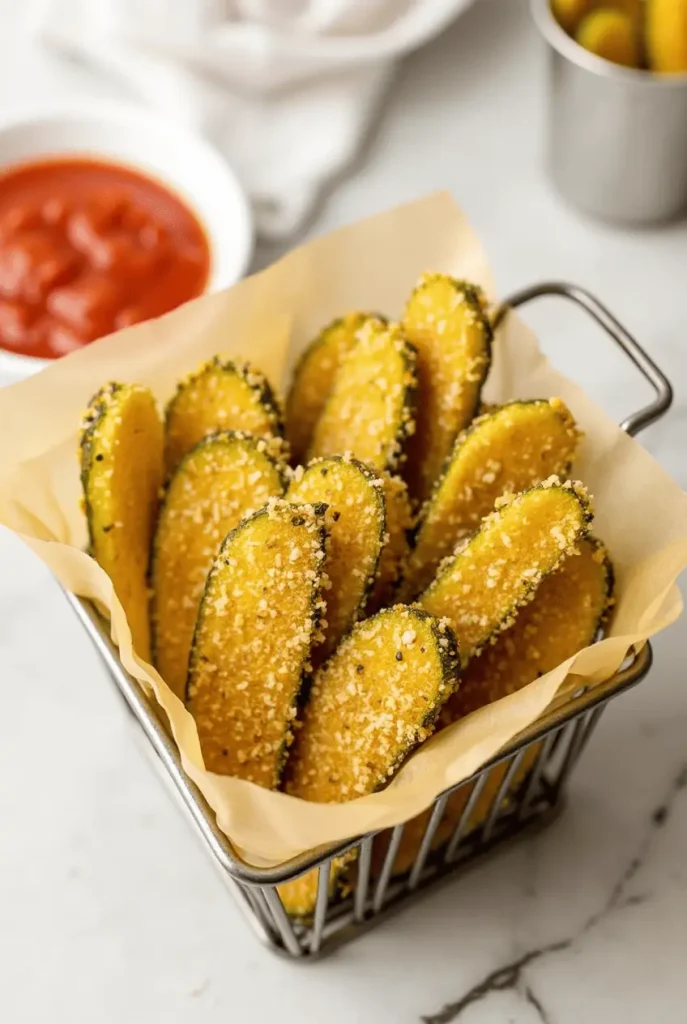 Crispy parmesan-crusted air fryer recipes zucchini fries arranged in a basket with marinara dipping sauce on the side