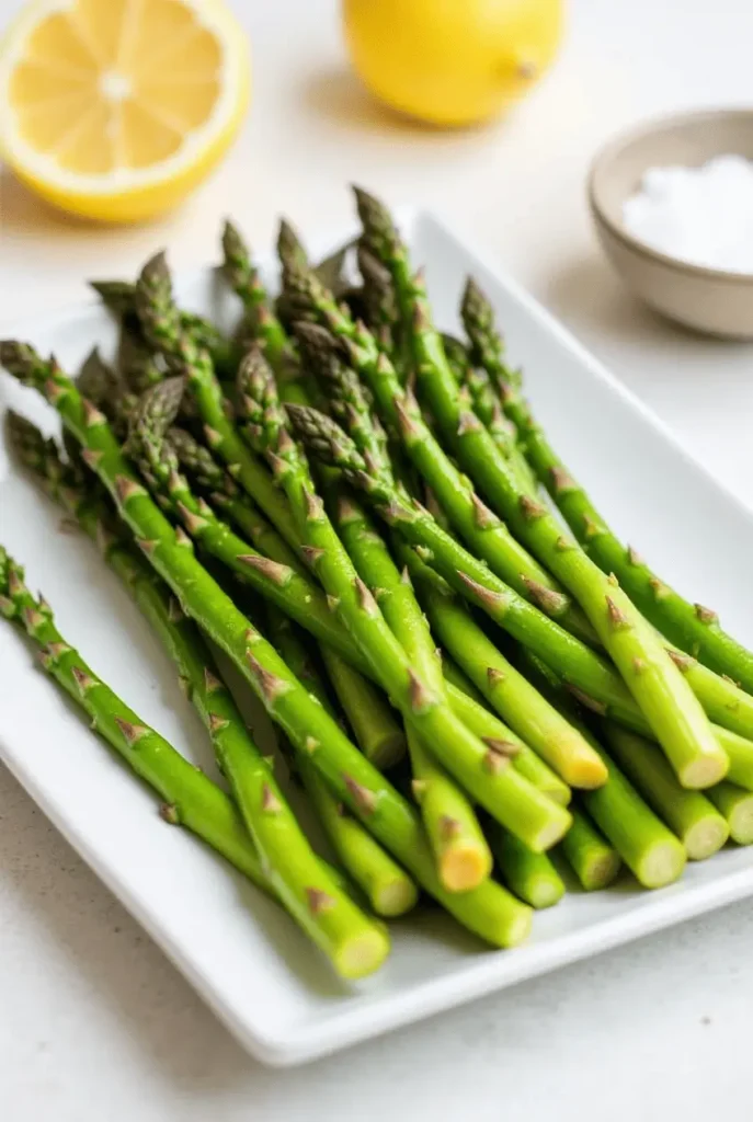 Simple air-fried asparagus spears showing the perfect texture achieved with basic asparagus air fryer recipes, served with lemon and sea salt.