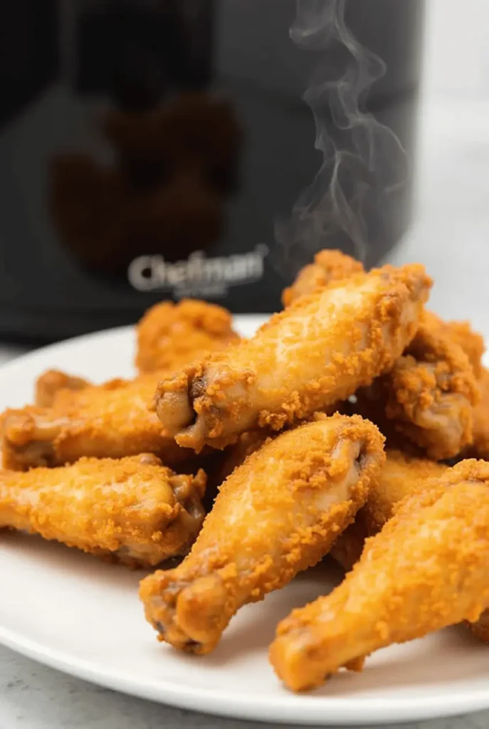 Perfectly crispy golden chicken wings made using Chefman air fryer recipes, showcasing the crispy exterior and juicy interior.