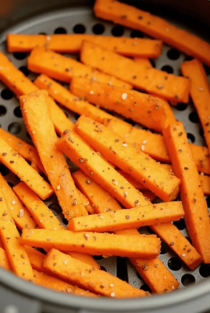 Classic air fryer recipes sweet potato fries with salt, pepper, and garlic powder arranged in a metal basket, showcasing their perfect golden-brown exterior.