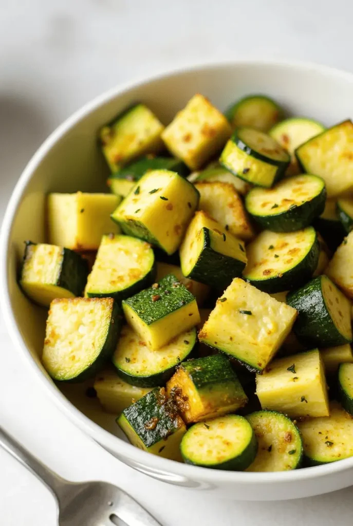 Tender-crisp air fryer recipes zucchini cubes with caramelized edges and herb seasoning in a white bowl