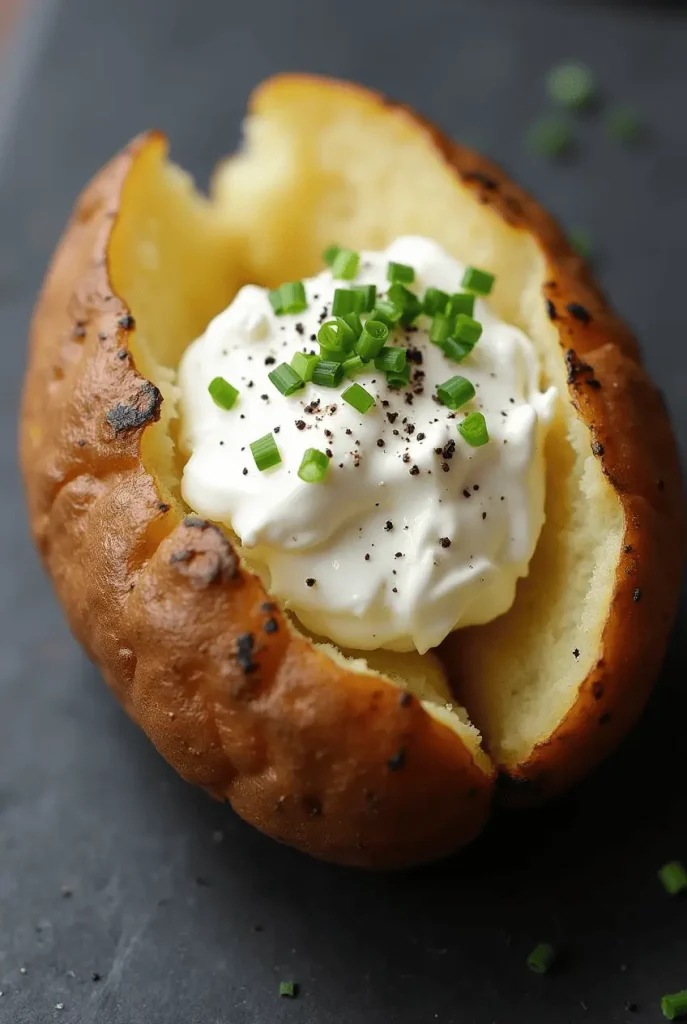 Simple elegance in a baked potato air fryer recipe featuring thick sour cream and fresh chives on a perfectly crispy potato