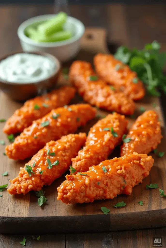 Bright red-orange spicy buffalo chicken tender air fryer recipes arranged on a wooden board with blue cheese dressing and celery sticks.