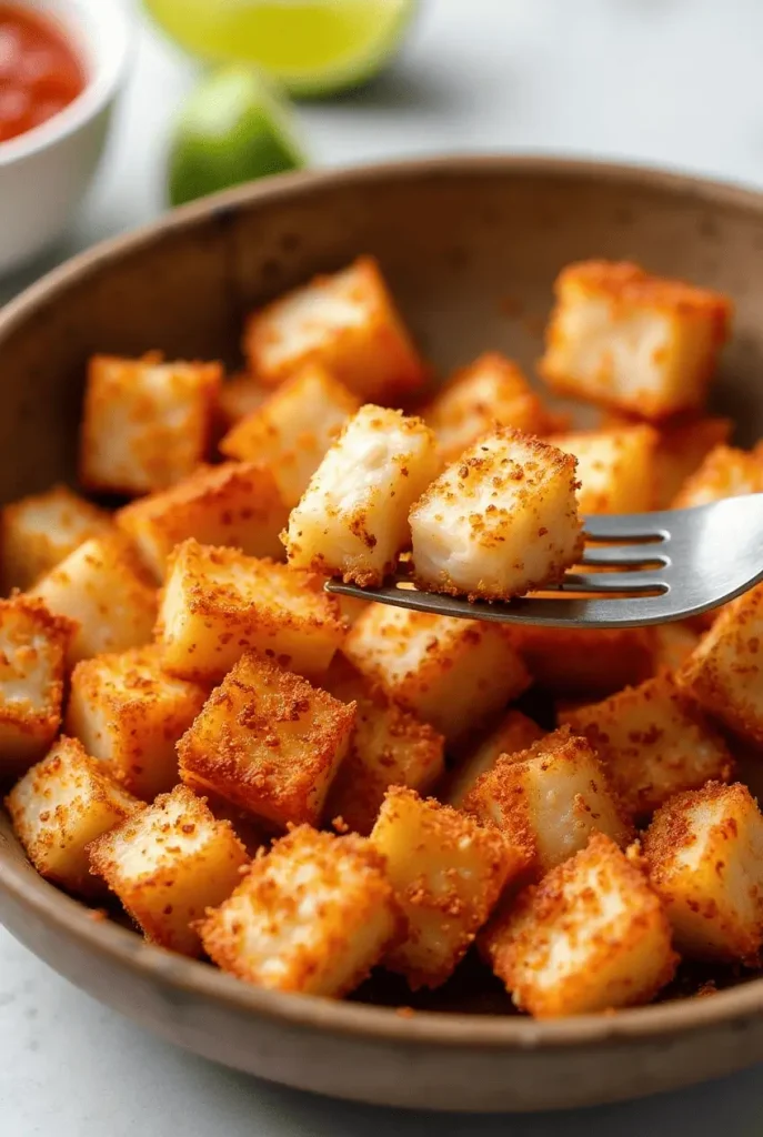 Spicy cajun-seasoned air fryer recipes fish bites with lime wedges and hot sauce showing flaky cod texture