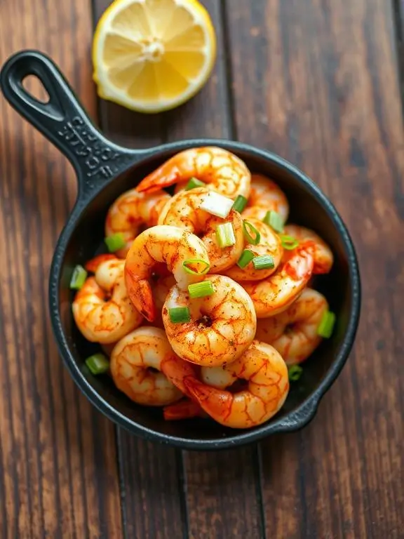 Spicy cajun-seasoned shrimp air fryer recipe garnished with green onions in a cast iron skillet.
