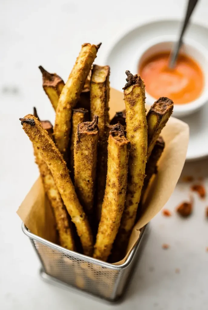 Crispy spiced eggplant fries from favorite eggplant air fryer recipes displayed in a metal basket with spicy sriracha dipping sauce.